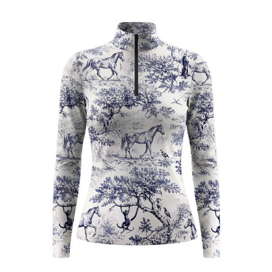 Clean white‑background studio mockup of blue toile de jouy woodland horse‑scene all‑over‑print long‑sleeve quarter‑zip riding top