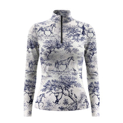 Clean white‑background studio mockup of blue toile de jouy woodland horse‑scene all‑over‑print long‑sleeve quarter‑zip riding top