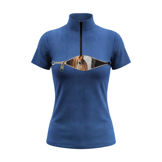 White background studio product shot of full solid royal blue 3D vintage zipper illusion chestnut horse head graphic print short sleeve quarter-zip riding top
