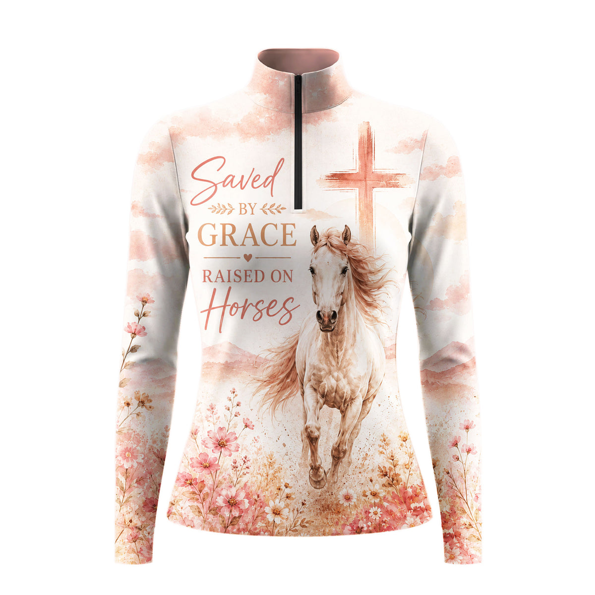 White background studio shot of full allover blush pink watercolor wildflower galloping horse faded Christian cross Saved By Grace long sleeve quarter zip riding top
