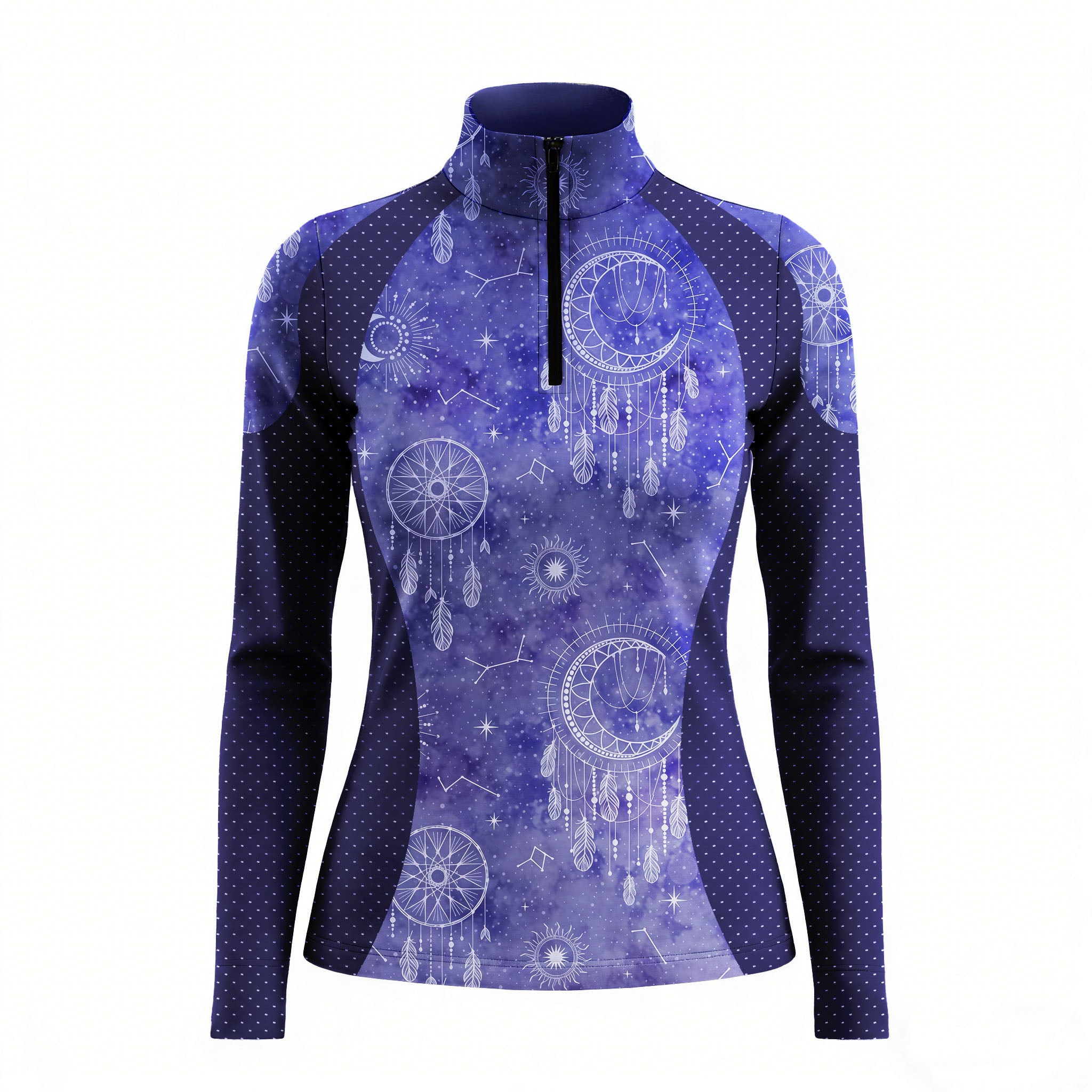 Studio flat view of the Boho Dreamcatcher Celestial Print Color-Block Long-Sleeve Quarter-Zip Riding Top, showcasing the full print details

