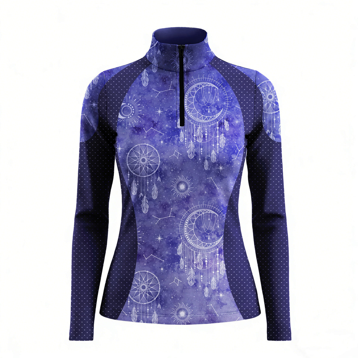 Studio flat view of the Boho Dreamcatcher Celestial Print Color-Block Long-Sleeve Quarter-Zip Riding Top, showcasing the full print details
