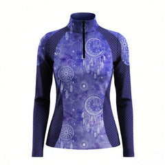Studio flat view of the Boho Dreamcatcher Celestial Print Color-Block Long-Sleeve Quarter-Zip Riding Top, showcasing the full print details
