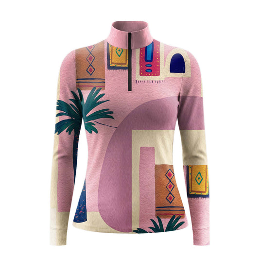 White background studio product shot of full blush pink boho Mediterranean palm tree tribal geometric rug arch abstract all-over print long sleeve quarter-zip riding top
