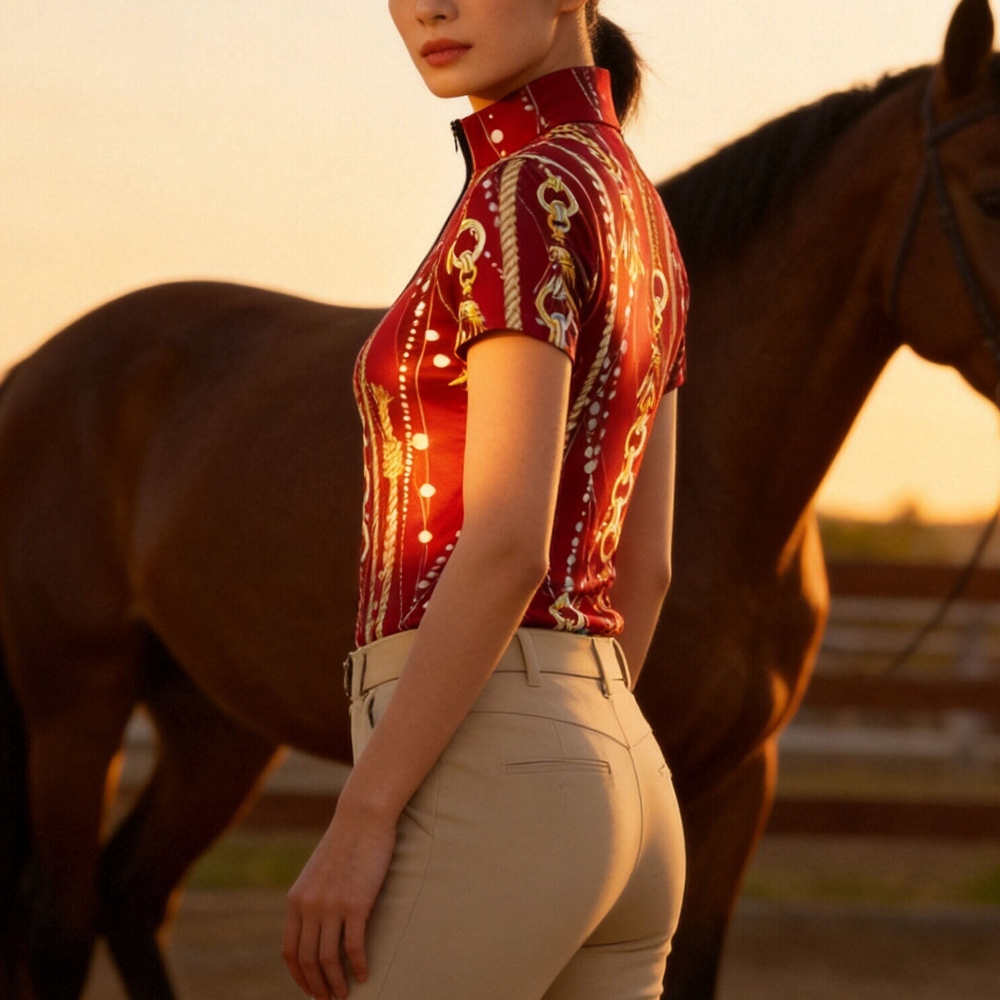 Model wearing heritage equestrian print riding top with a brown horse at sunset