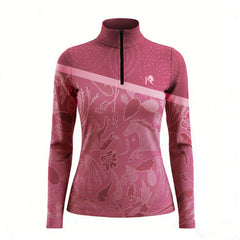 Pink long-sleeve athletic top with white patterns on a white background