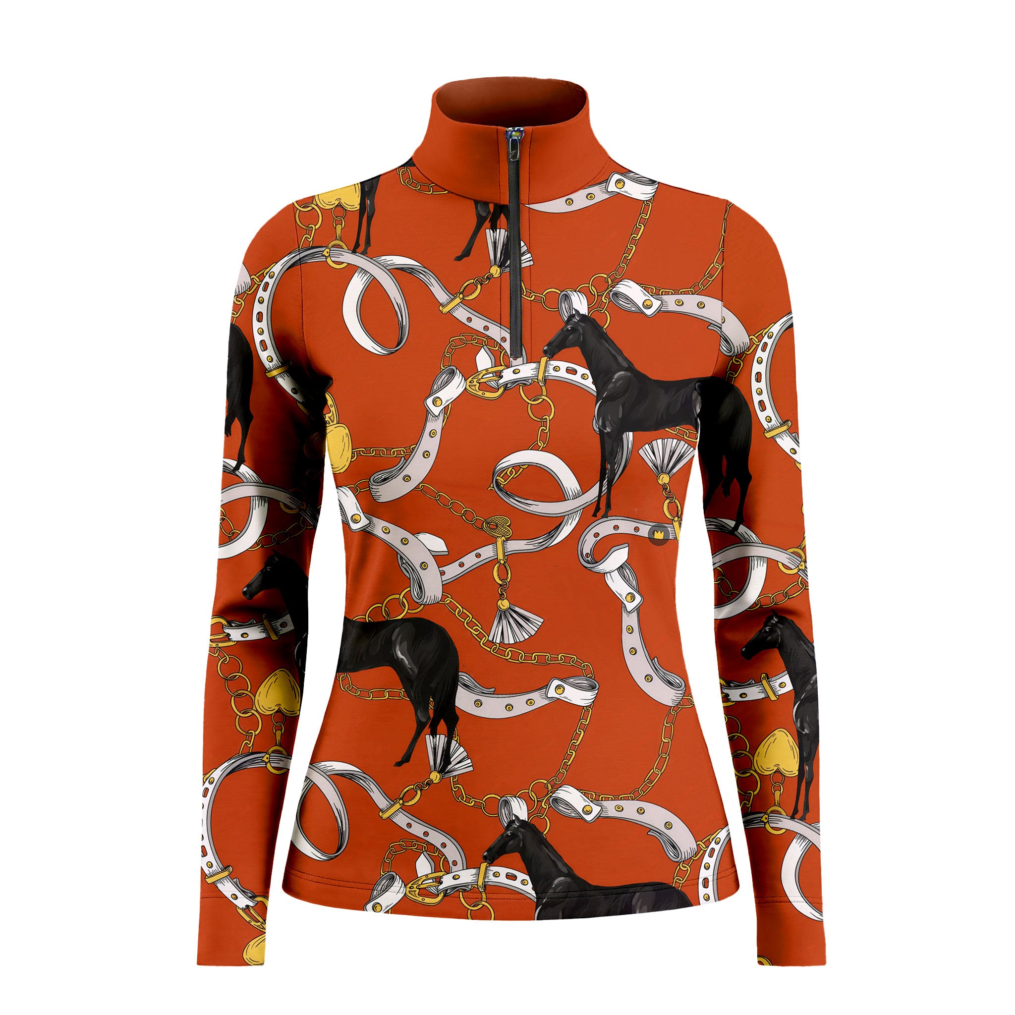 Model leaning against light grey stable wall beside chestnut horse wearing warm orange leather bit black horse luxury riding top
