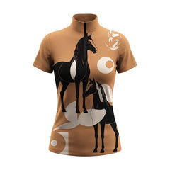 Clean white background studio product mockup of caramel two pinto horse graphic short sleeve riding top