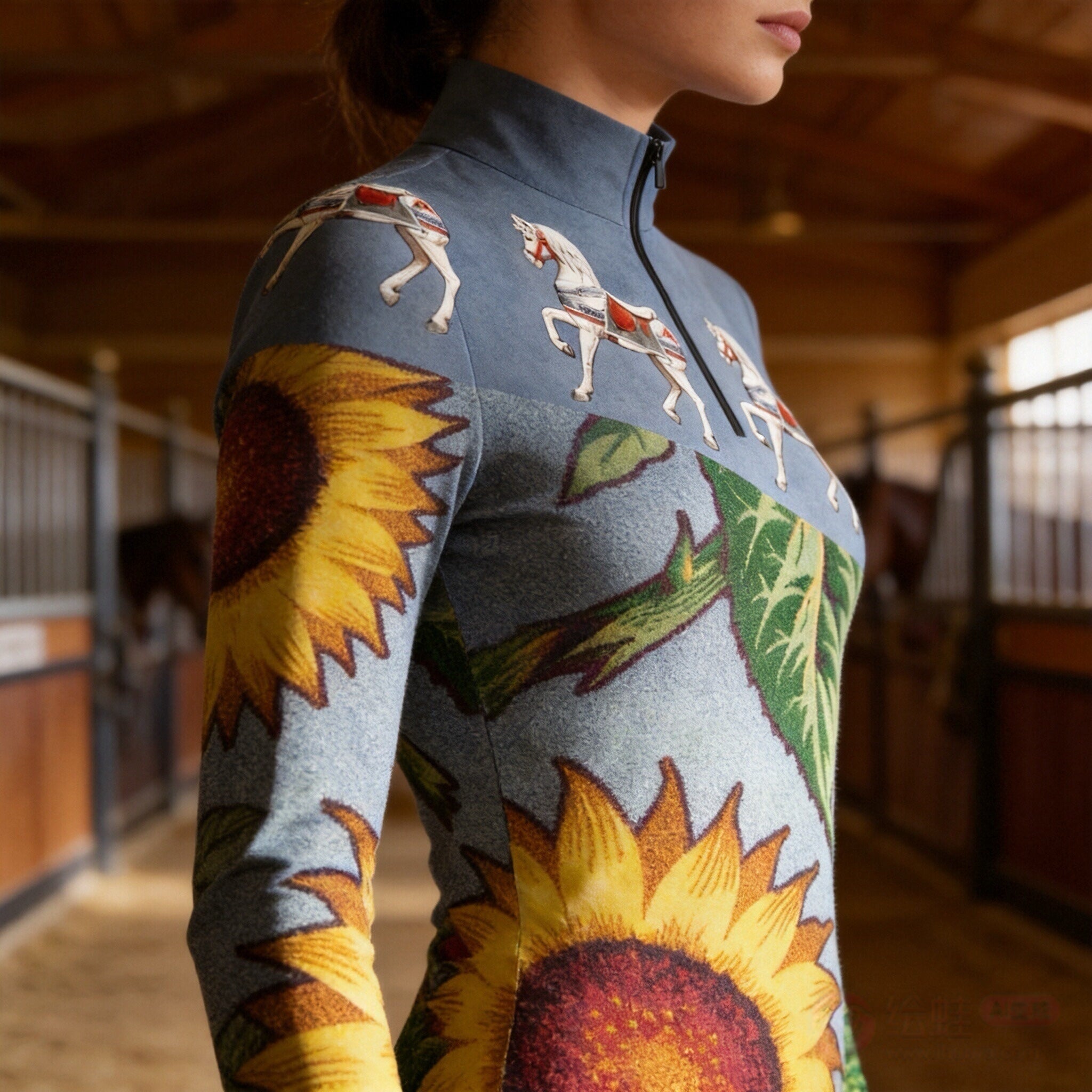 Side shot model inside sunlit wooden horse stable wearing slate blue split carousel horse sunflower long sleeve riding top