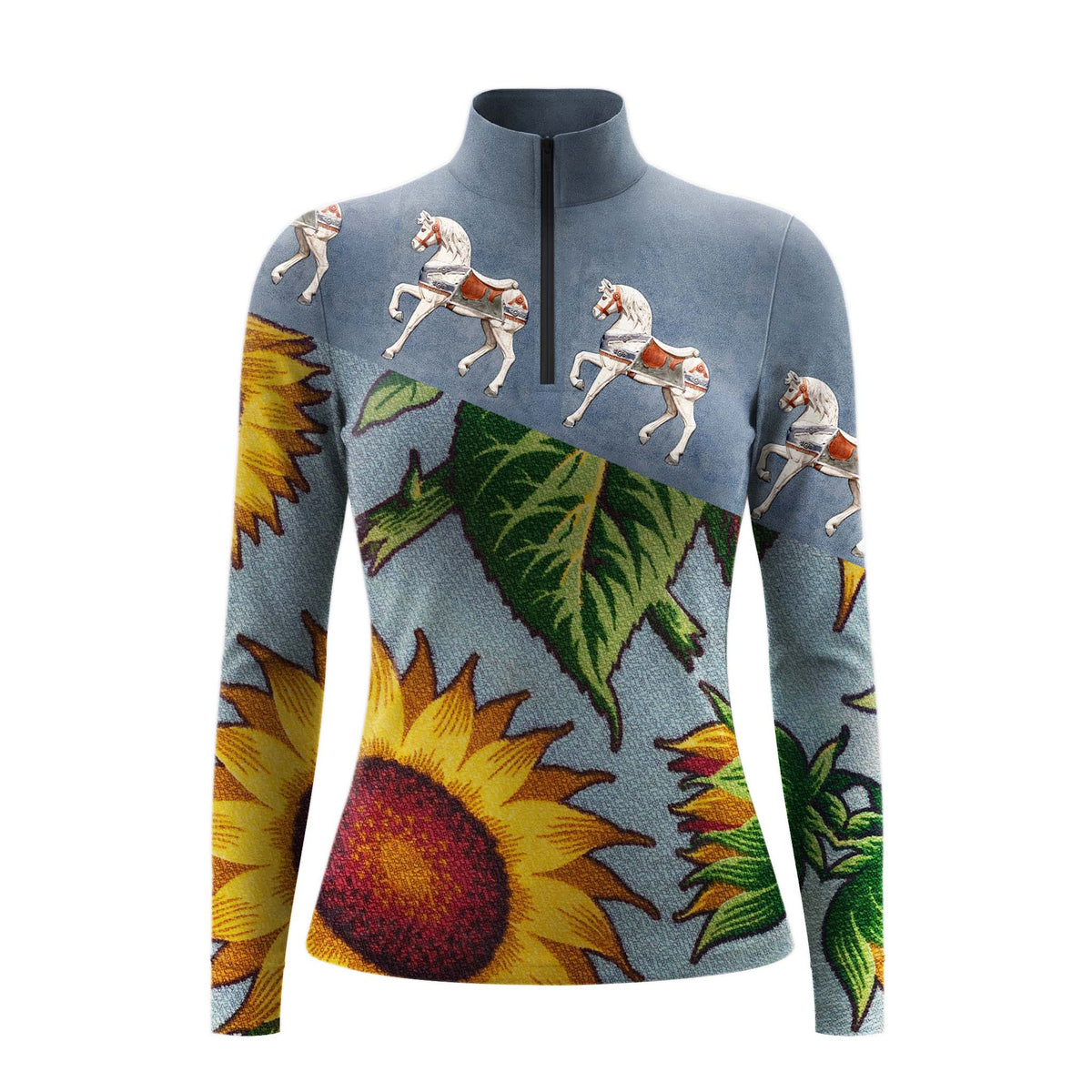 White background studio shot of textured slate blue split vintage carousel pony sunflower botanical print long sleeve quarter zip riding top