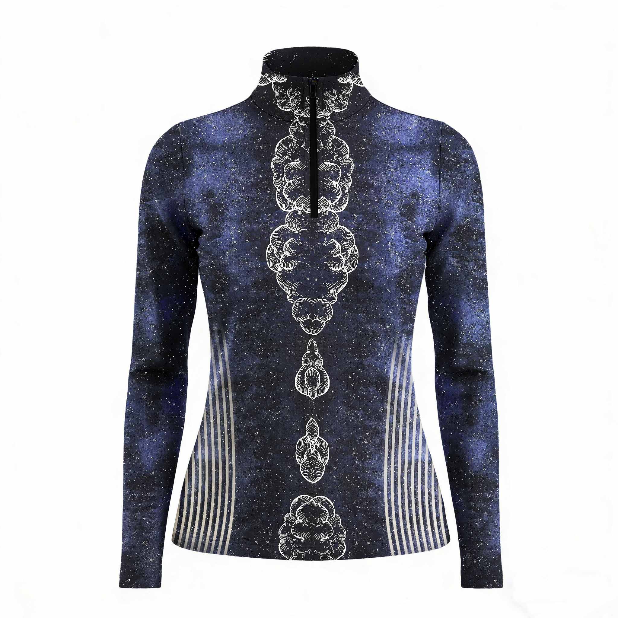 Studio flat view of the Celestial Cloud Mandala Print Long-Sleeve Quarter-Zip Riding Top, showcasing the full print details
