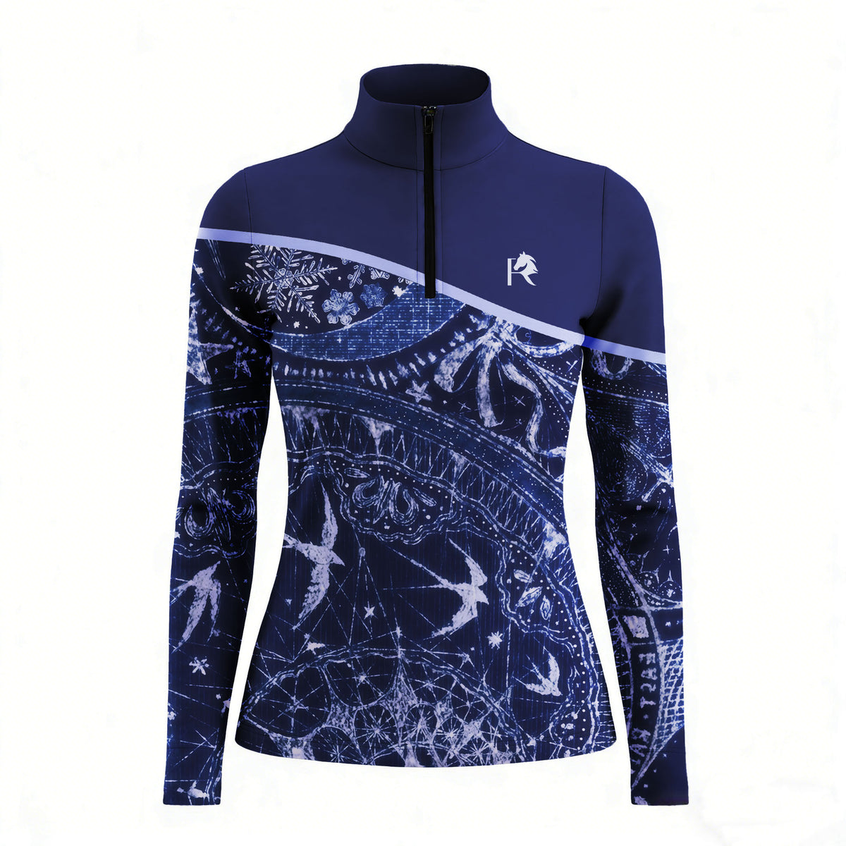 Studio flat view of the Celestial Night Print Color-Block Long-Sleeve Quarter-Zip Riding Top, showcasing the full print details
