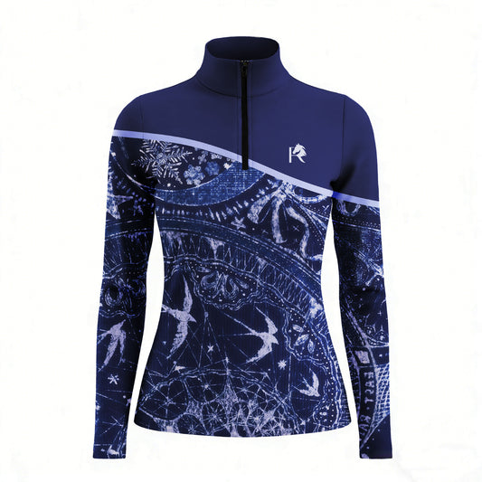 Studio flat view of the Celestial Night Print Color-Block Long-Sleeve Quarter-Zip Riding Top, showcasing the full print details
