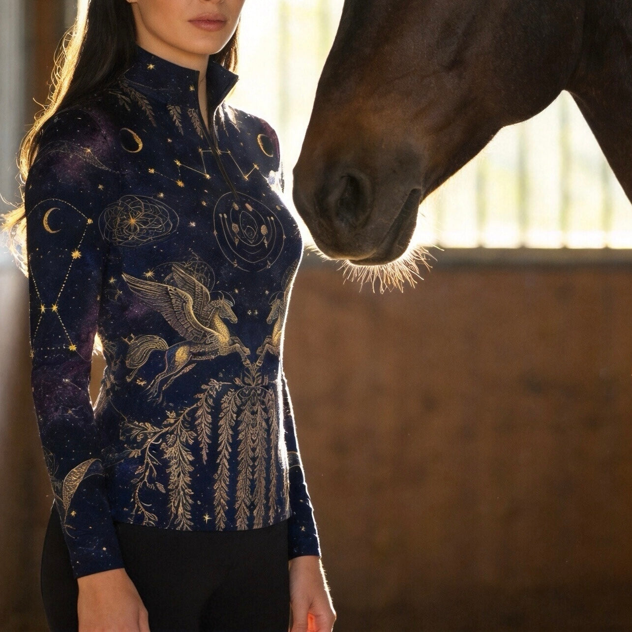 Warm indoor barn shot of female rider beside horse wearing midnight navy celestial pegasus galaxy graphic long‑sleeve riding top