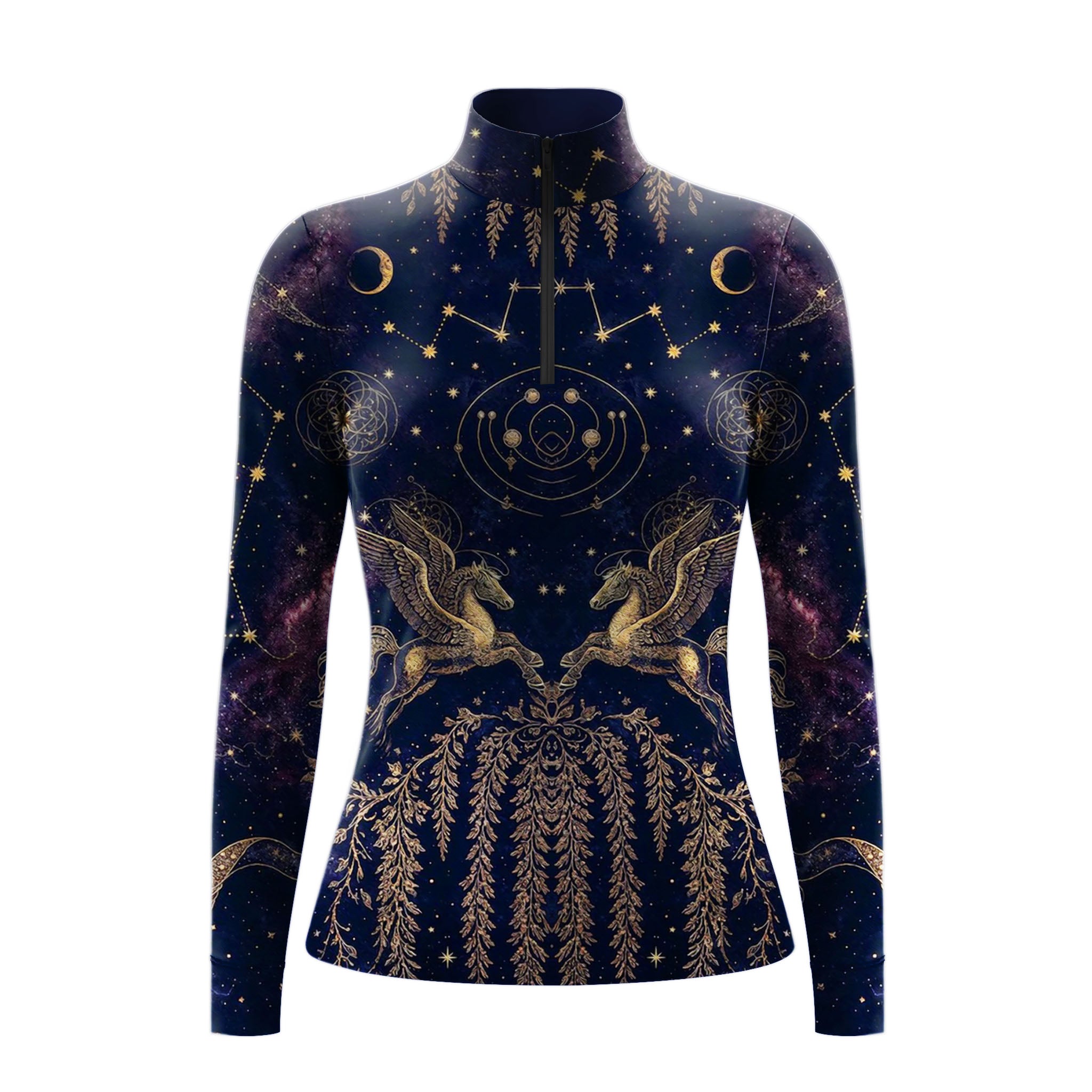 Clean white‑background studio mockup of midnight navy quarter‑zip long‑sleeve riding top with celestial pegasus galaxy constellation print