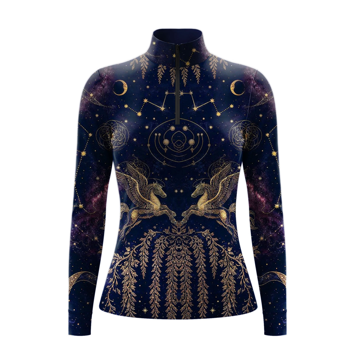 Clean white‑background studio mockup of midnight navy quarter‑zip long‑sleeve riding top with celestial pegasus galaxy constellation print