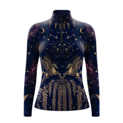 Clean white‑background studio mockup of midnight navy quarter‑zip long‑sleeve riding top with celestial pegasus galaxy constellation print