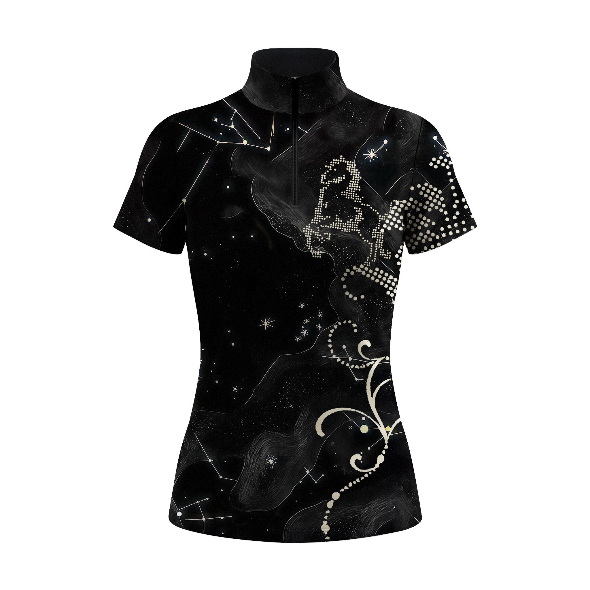White background studio product photo displaying the full night-sky constellation print and rhinestone horse motif
