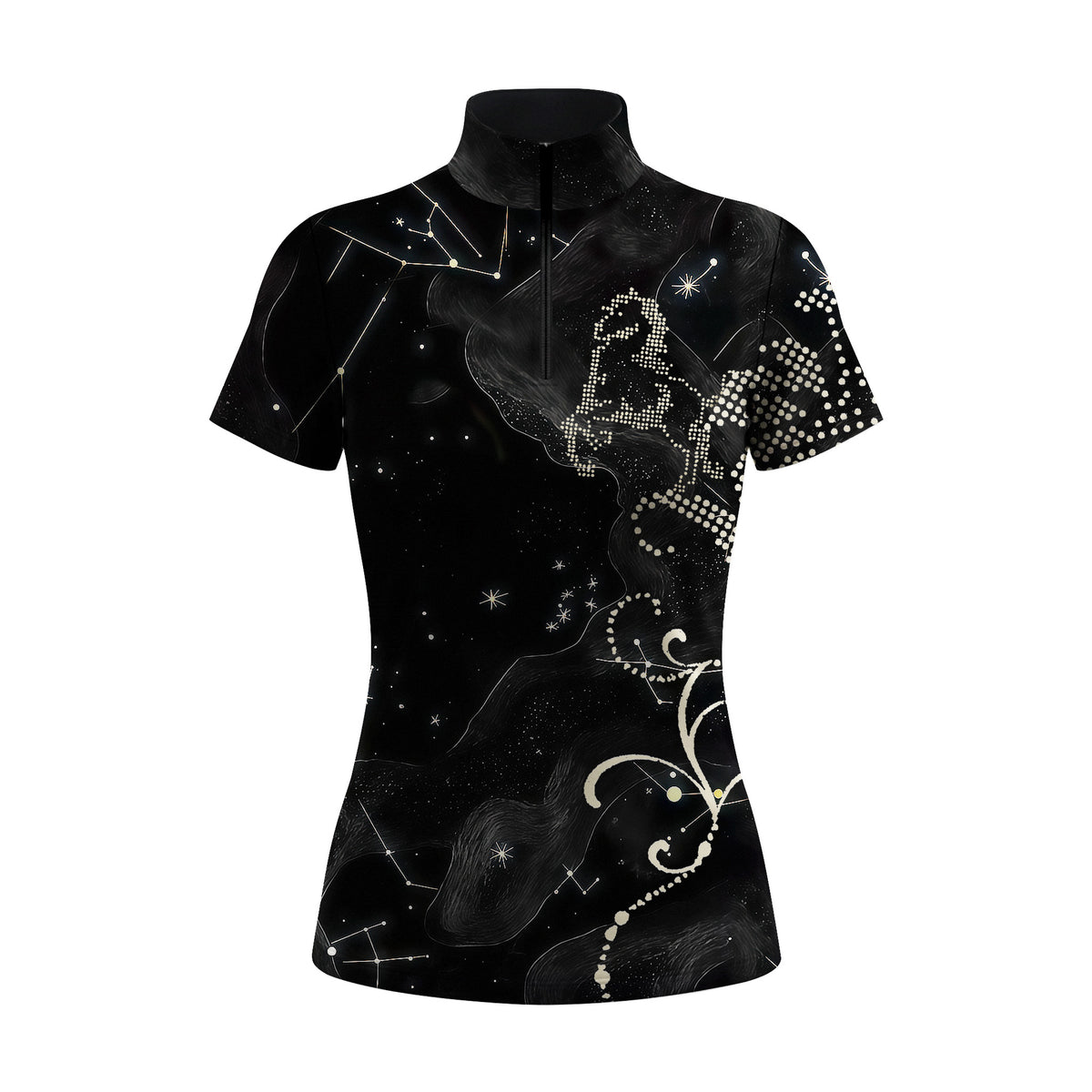 White background studio product photo displaying the full night-sky constellation print and rhinestone horse motif
