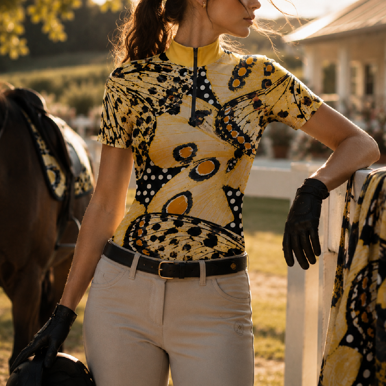 Golden sunset barn lifestyle shot of female equestrian leaning on white wooden fence wearing golden‑collar vintage moth‑butterfly polka‑dot all‑over print short‑sleeve quarter‑zip riding top