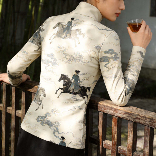Soft natural light bamboo courtyard rear profile shot of model holding tea cup wearing cream off-white full print Chinese ink wash warrior galloping horse cloud long sleeve riding top
