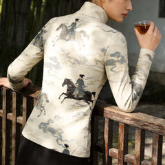 Soft natural light bamboo courtyard rear profile shot of model holding tea cup wearing cream off-white full print Chinese ink wash warrior galloping horse cloud long sleeve riding top
