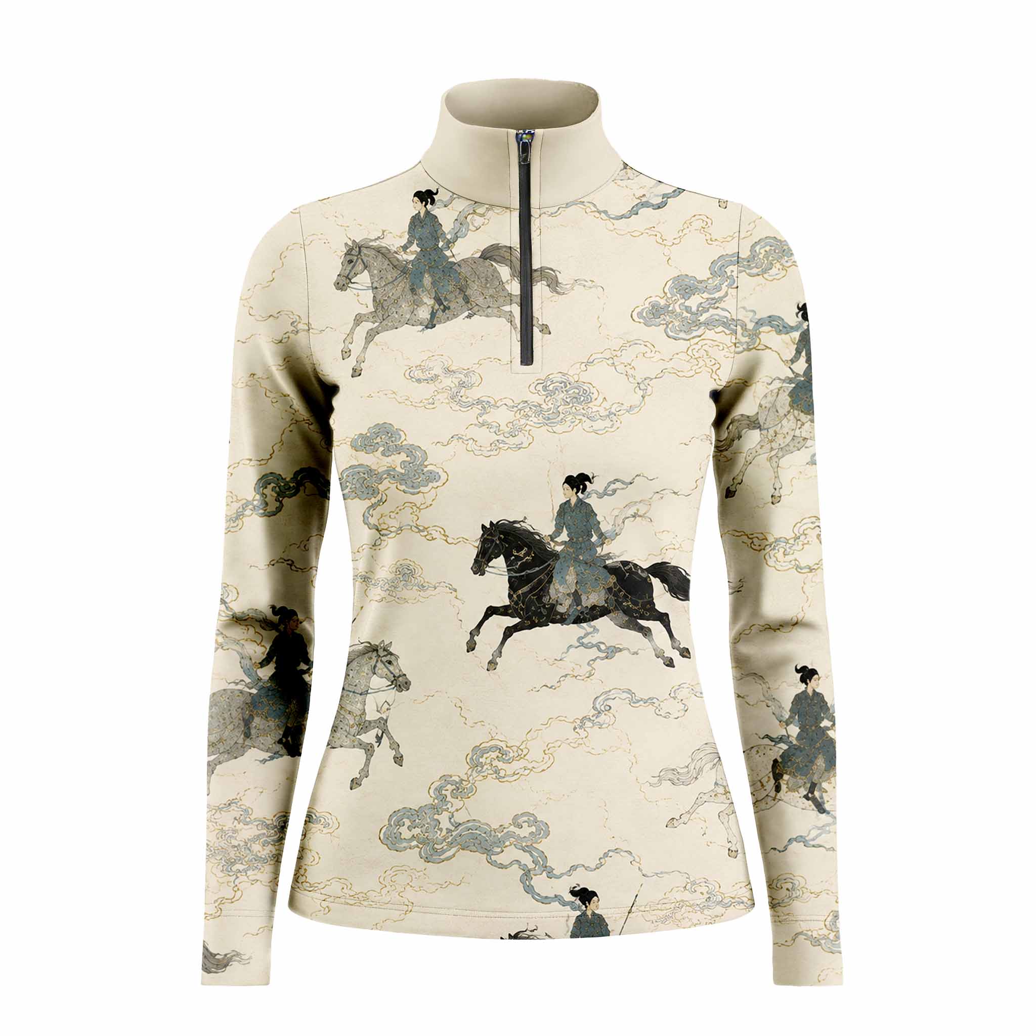White background studio product shot of full cream off-white Chinese ancient ink wash warrior galloping horse golden cloud scroll all-over print long sleeve quarter-zip riding top
