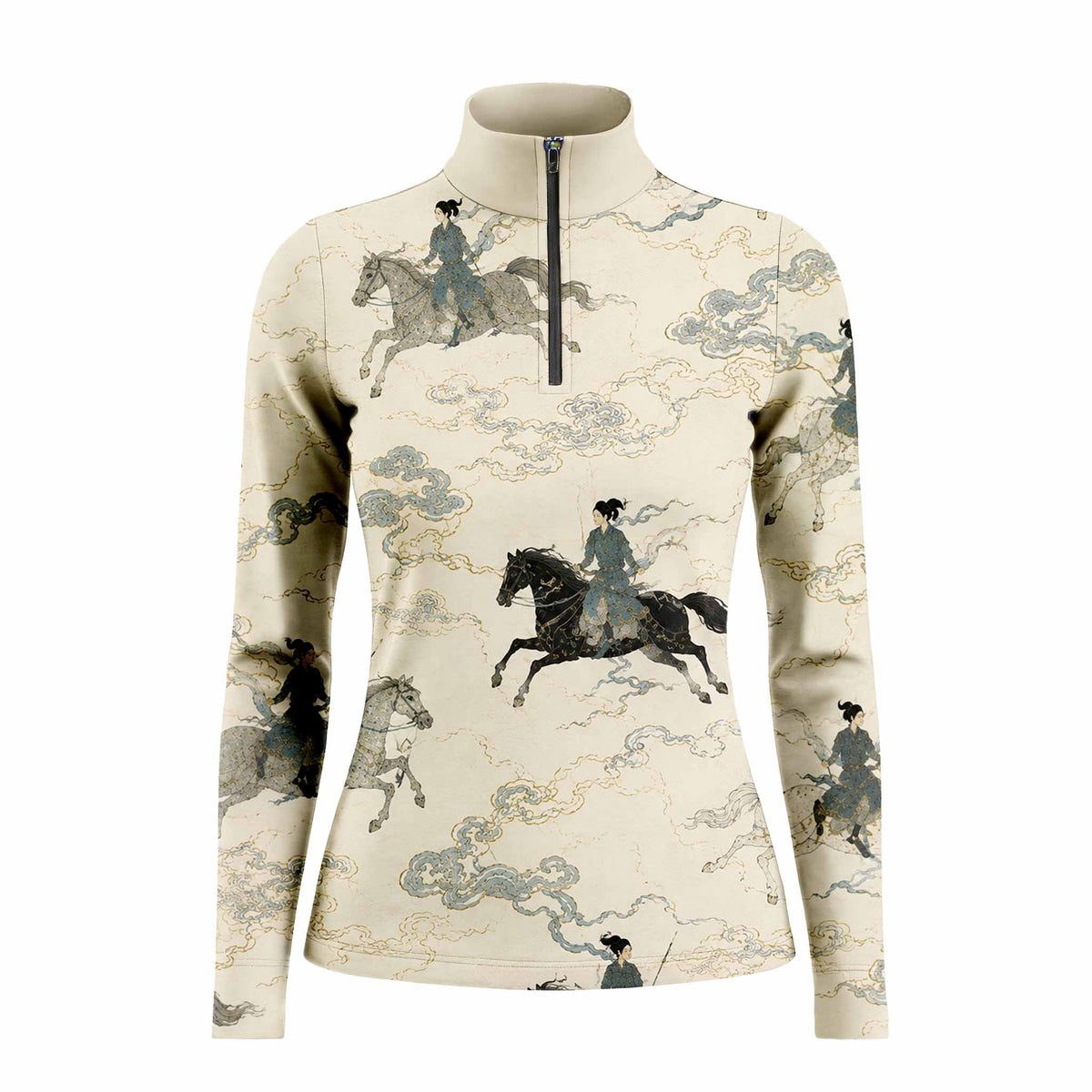 White background studio product shot of full cream off-white Chinese ancient ink wash warrior galloping horse golden cloud scroll all-over print long sleeve quarter-zip riding top
