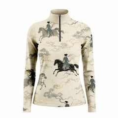 White background studio product shot of full cream off-white Chinese ancient ink wash warrior galloping horse golden cloud scroll all-over print long sleeve quarter-zip riding top
