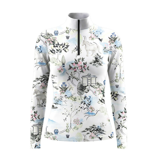 White background studio product shot of full soft ink wash oriental landscape unicorn pagoda floral ditsy print off-white long sleeve quarter-zip riding top
