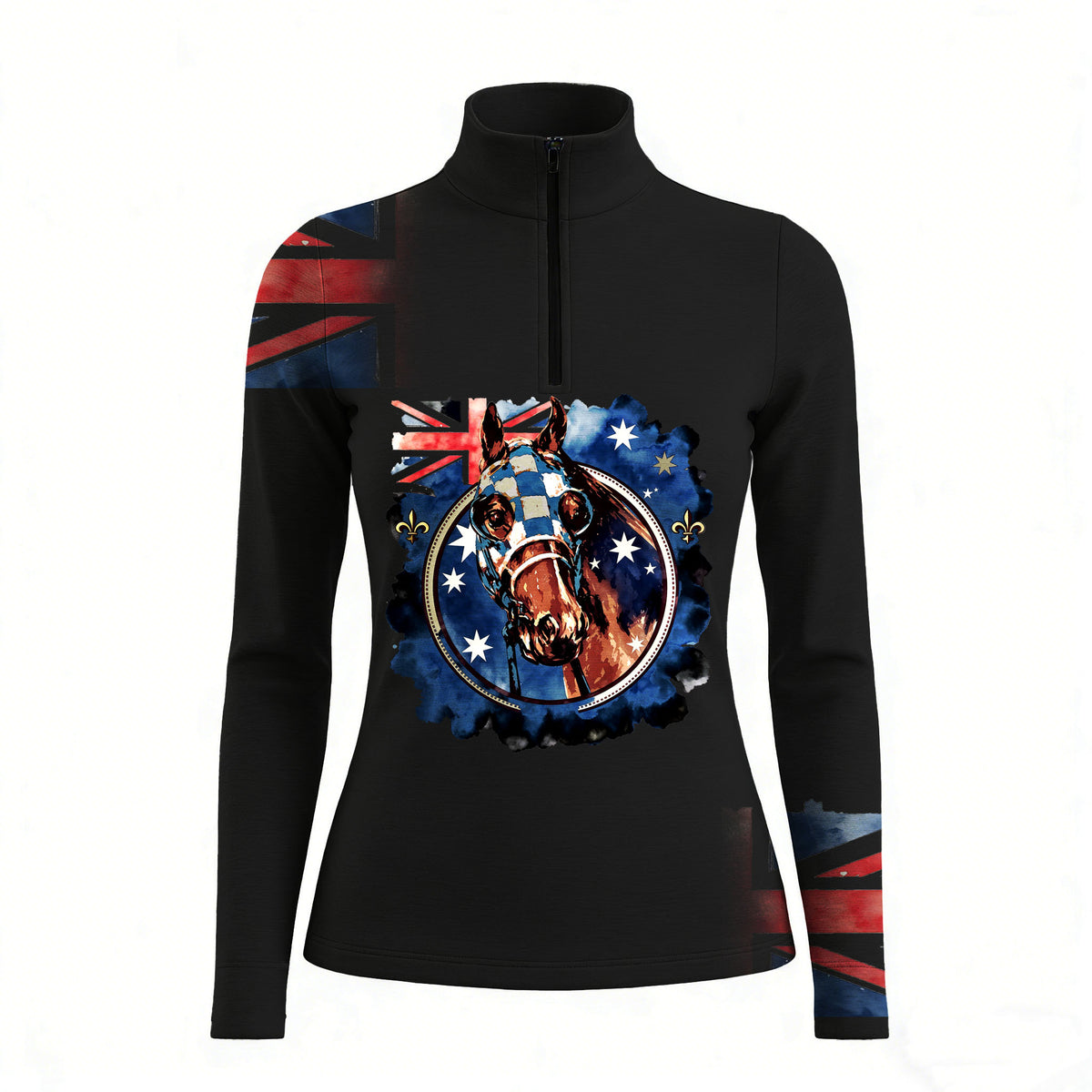 Studio shot of RIDER ATELIER Australian Flag Racehorse Quarter-Zip Top in Classic Black, showcasing full print, quarter-zip collar, and Australian flag sleeve details on a white background
