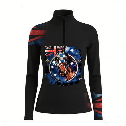 Studio shot of RIDER ATELIER Australian Flag Racehorse Quarter-Zip Top in Classic Black, showcasing full print, quarter-zip collar, and Australian flag sleeve details on a white background
