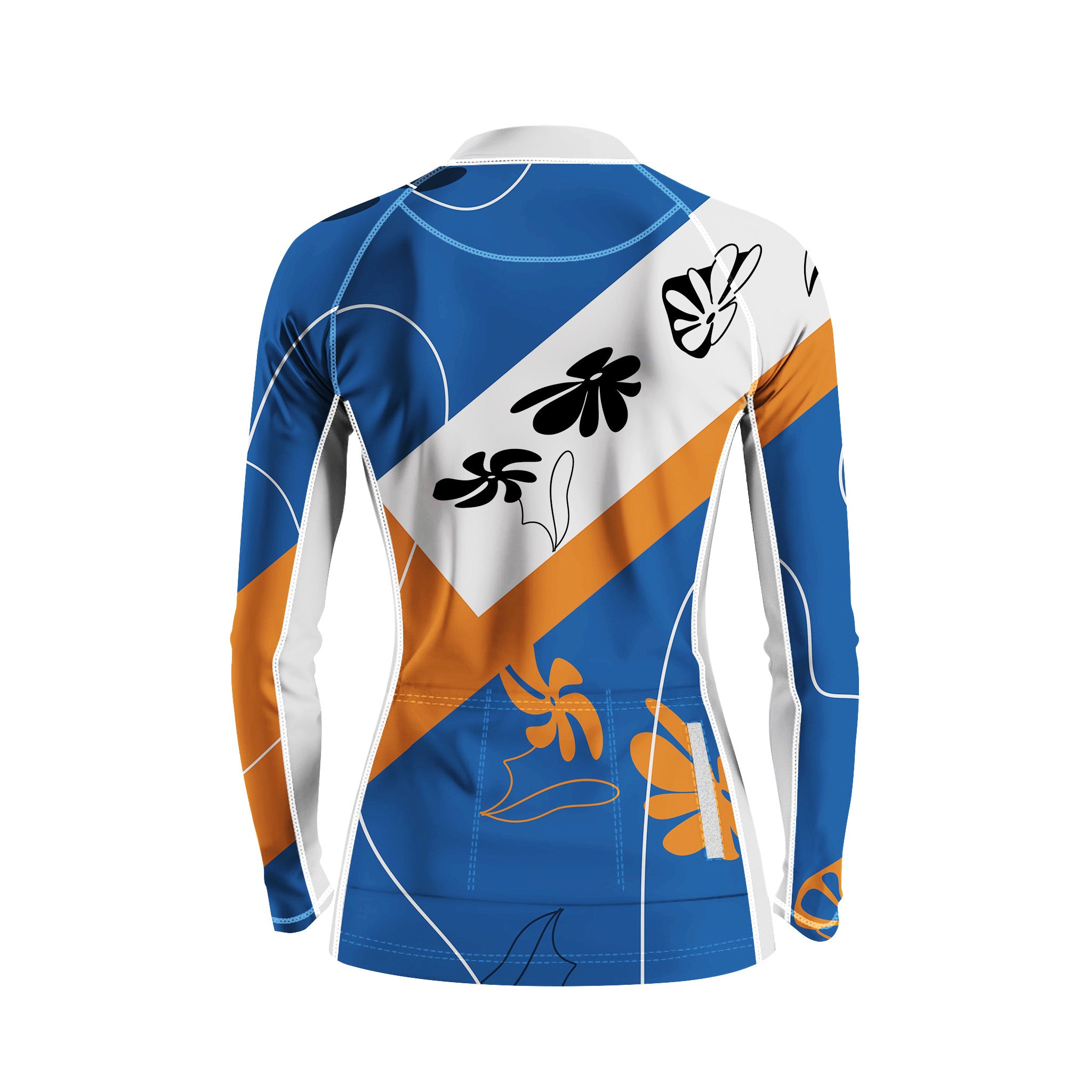 Female model wearing blue orange abstract floral long sleeve bike jersey riding coastal highway during golden sunset, front partial torso view
