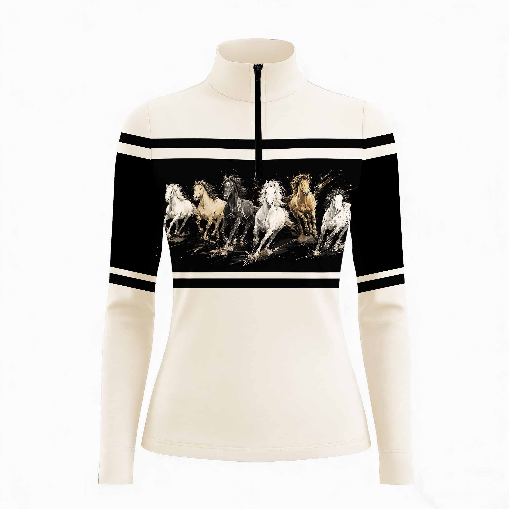 Warm sunlit wooden stable interior close-up shot focusing on stand collar, black half-zip and front color block wild horse watercolor graphic riding top