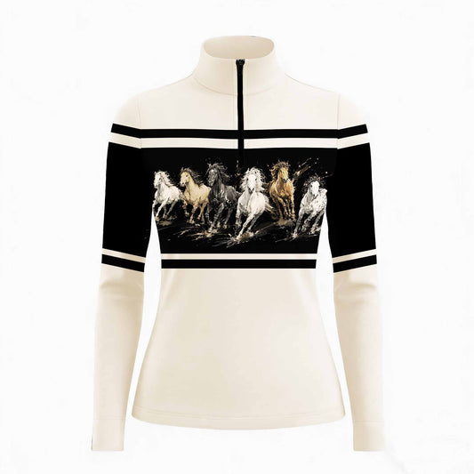 Warm sunlit wooden stable interior close-up shot focusing on stand collar, black half-zip and front color block wild horse watercolor graphic riding top