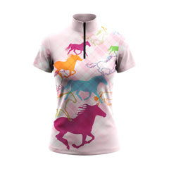 Studio flat view of the Colorful Galloping Horse Plaid Print Short-Sleeve Quarter-Zip Riding Top, full print display
