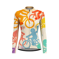 Front view flat shot of women full zip long sleeve cycling jersey with multi-color watercolor rider print, cream collar, vintage canvas texture white background
