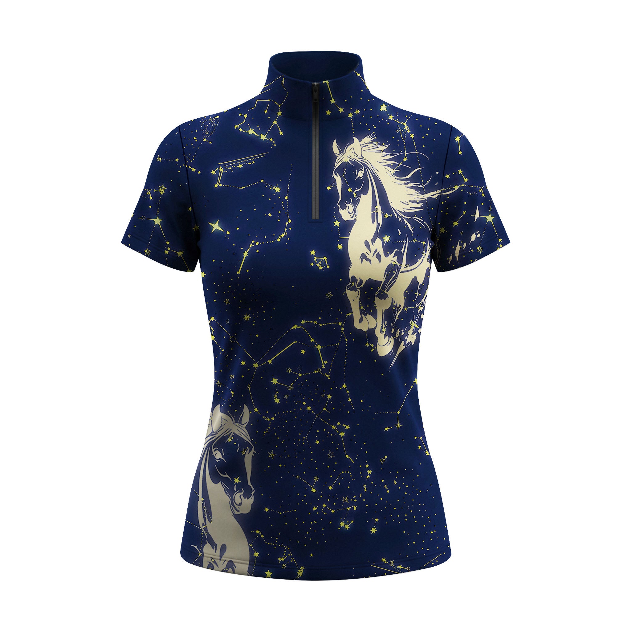 Studio flat view of the Constellation & Horse Print Short-Sleeve Quarter-Zip Riding Top, showcasing the full print details
