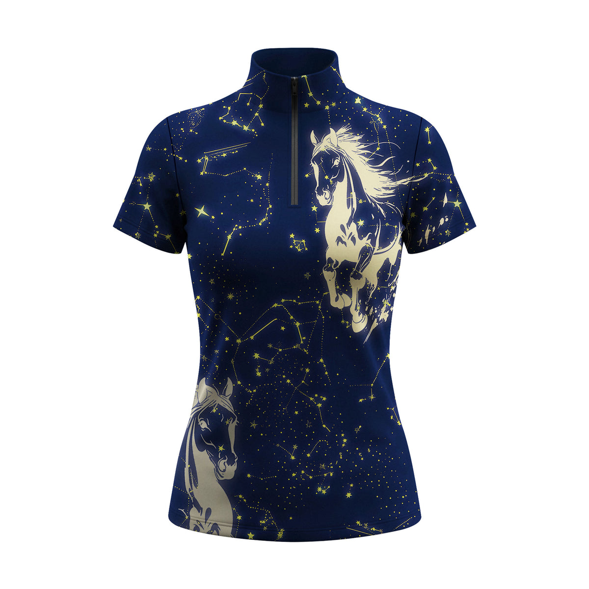 Studio flat view of the Constellation & Horse Print Short-Sleeve Quarter-Zip Riding Top, showcasing the full print details
