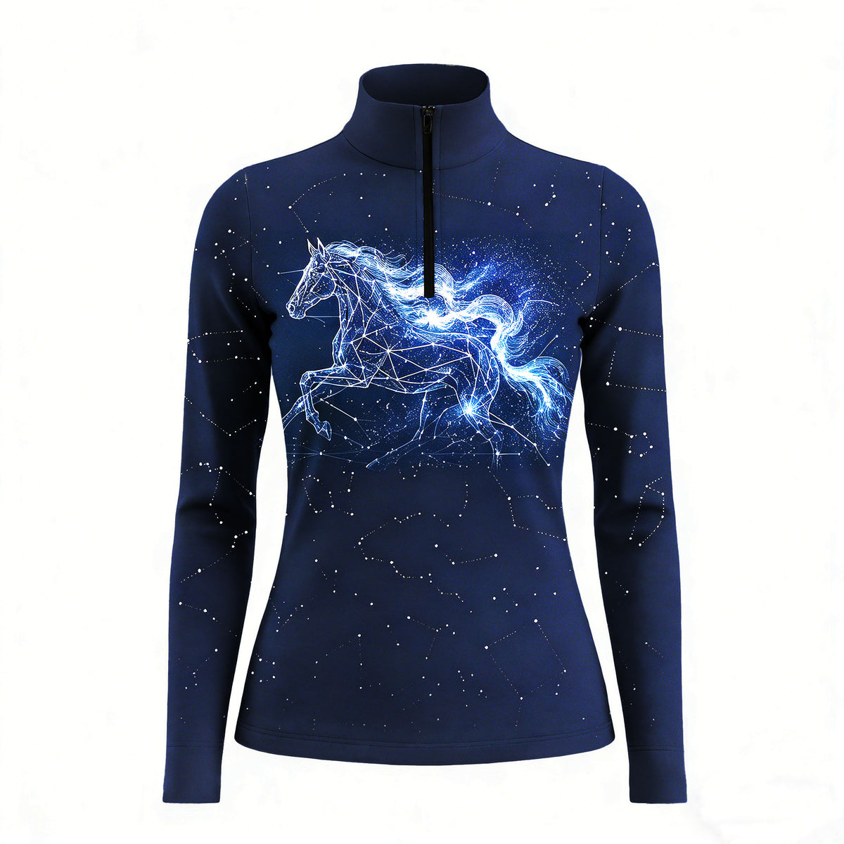 Studio flat view of the Constellation Running Horse Print Long-Sleeve Quarter-Zip Riding Top, showcasing the full print details
