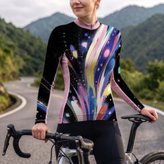 Female model wearing black cosmic galaxy brush stroke long sleeve bike jersey riding winding mountain road, full front torso view
