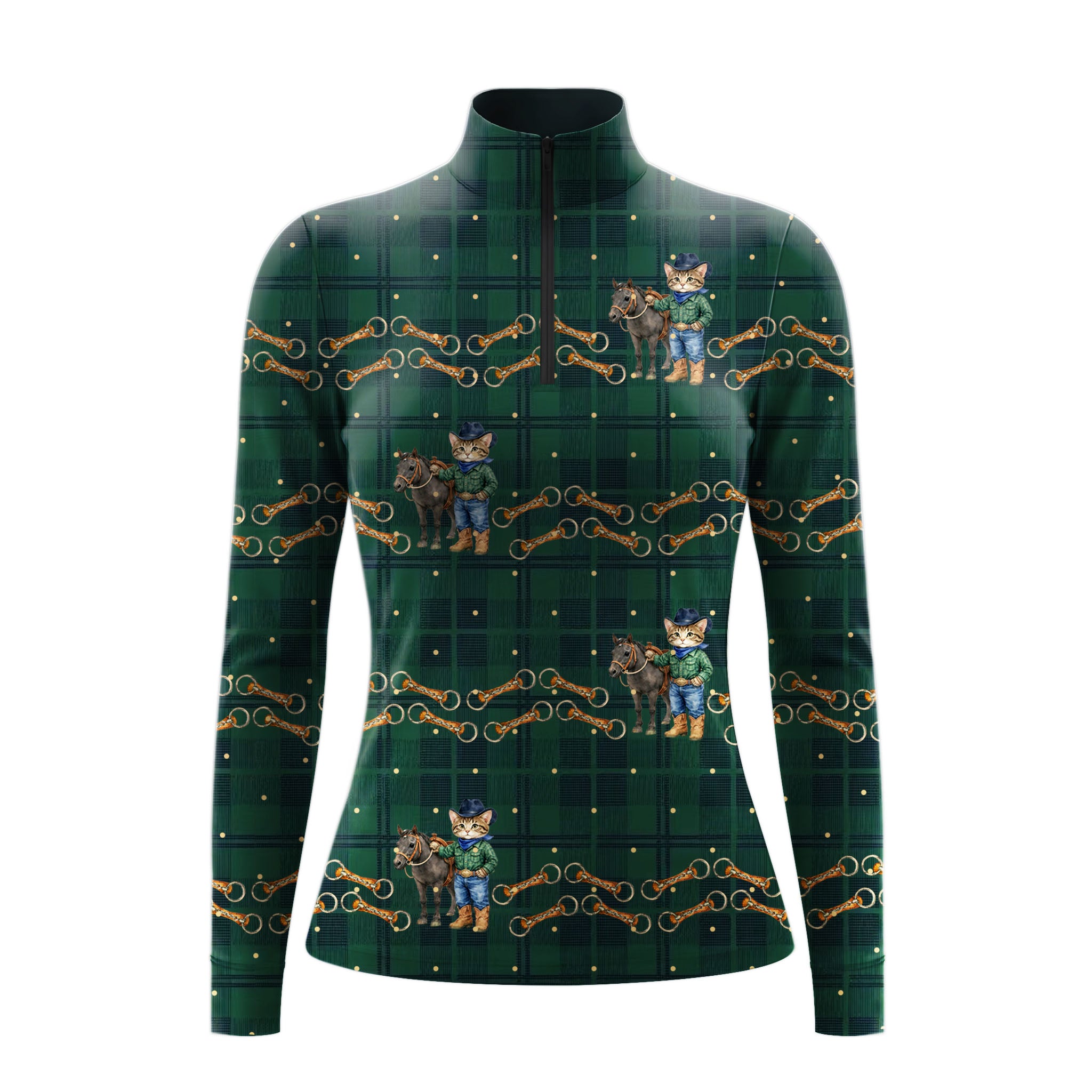 Studio white‑background mockup of dark green tartan long‑sleeve quarter‑zip riding top with all‑over cowboy cat, pony and gold horse‑bit print