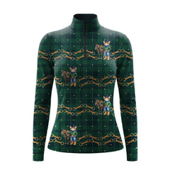 Studio white‑background mockup of dark green tartan long‑sleeve quarter‑zip riding top with all‑over cowboy cat, pony and gold horse‑bit print
