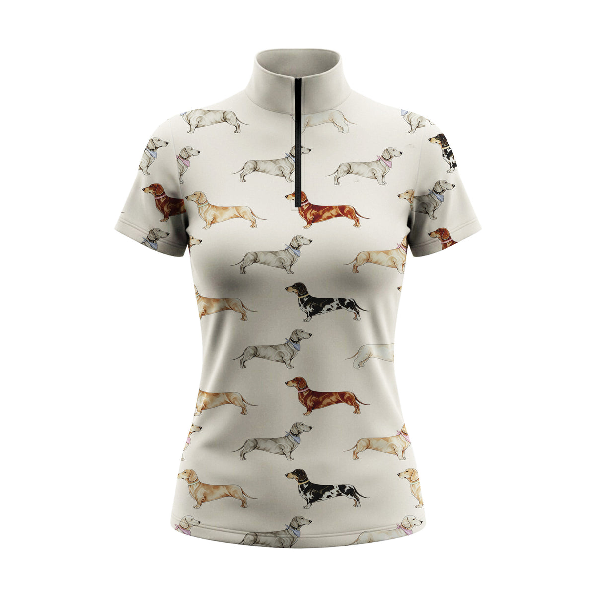 Clean white background studio product mockup of cream all-over watercolor dachshund short sleeve riding top