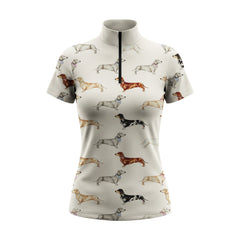 Clean white background studio product mockup of cream all-over watercolor dachshund short sleeve riding top