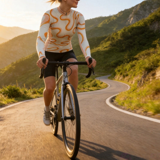 Front view flat shot of women full zip long sleeve cycling jersey with full coverage two-tone orange wavy curve print, peach collar isolated white background

