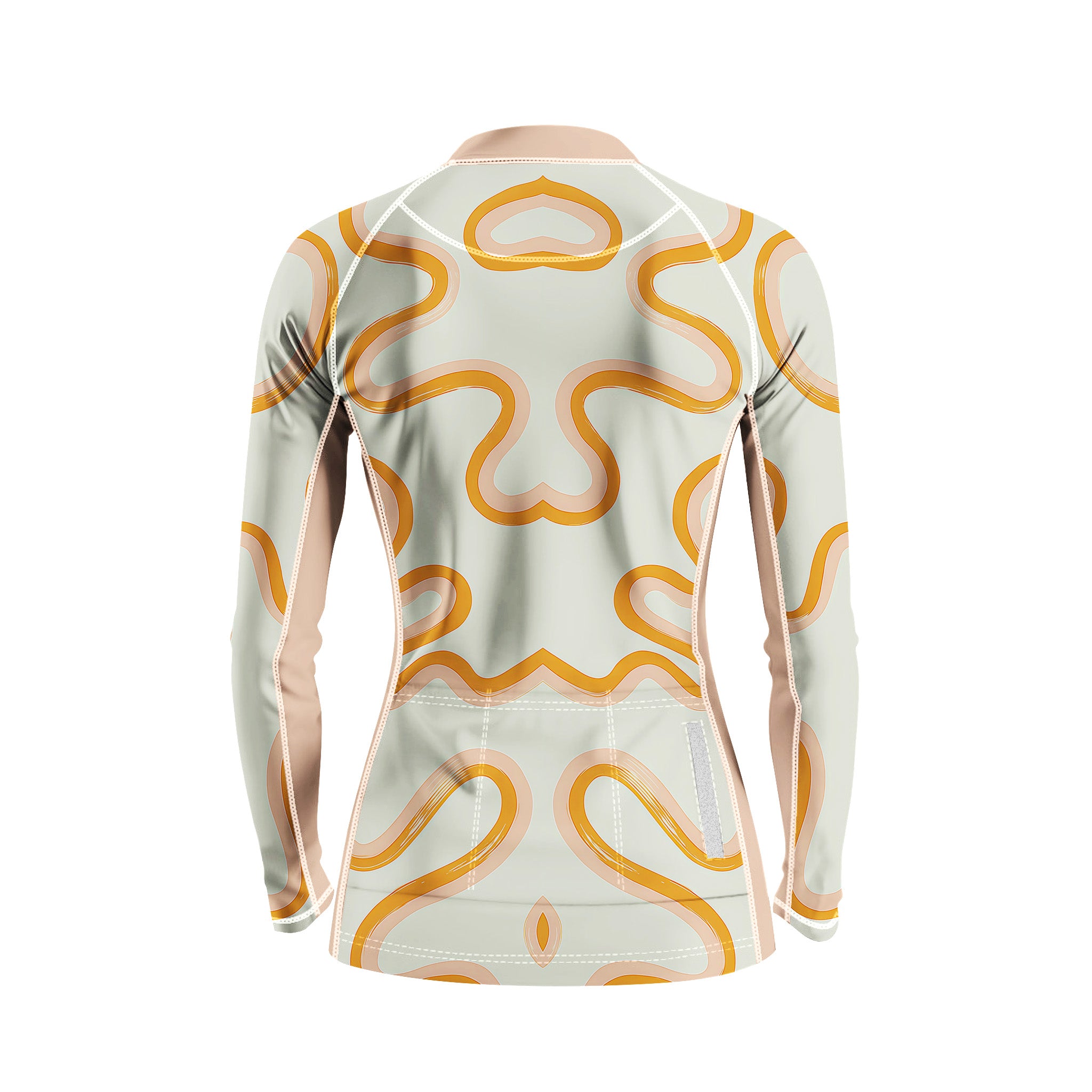 Back flat lay of women full zip cycling jersey full dual orange wavy abstract print, rear storage pocket and reflective strip detail white background
