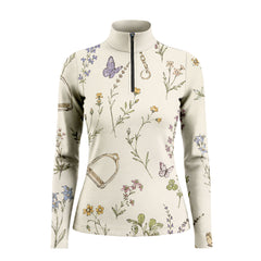White background studio shot of soft cream watercolor wildflower butterfly stirrup chain allover print long sleeve quarter zip riding top