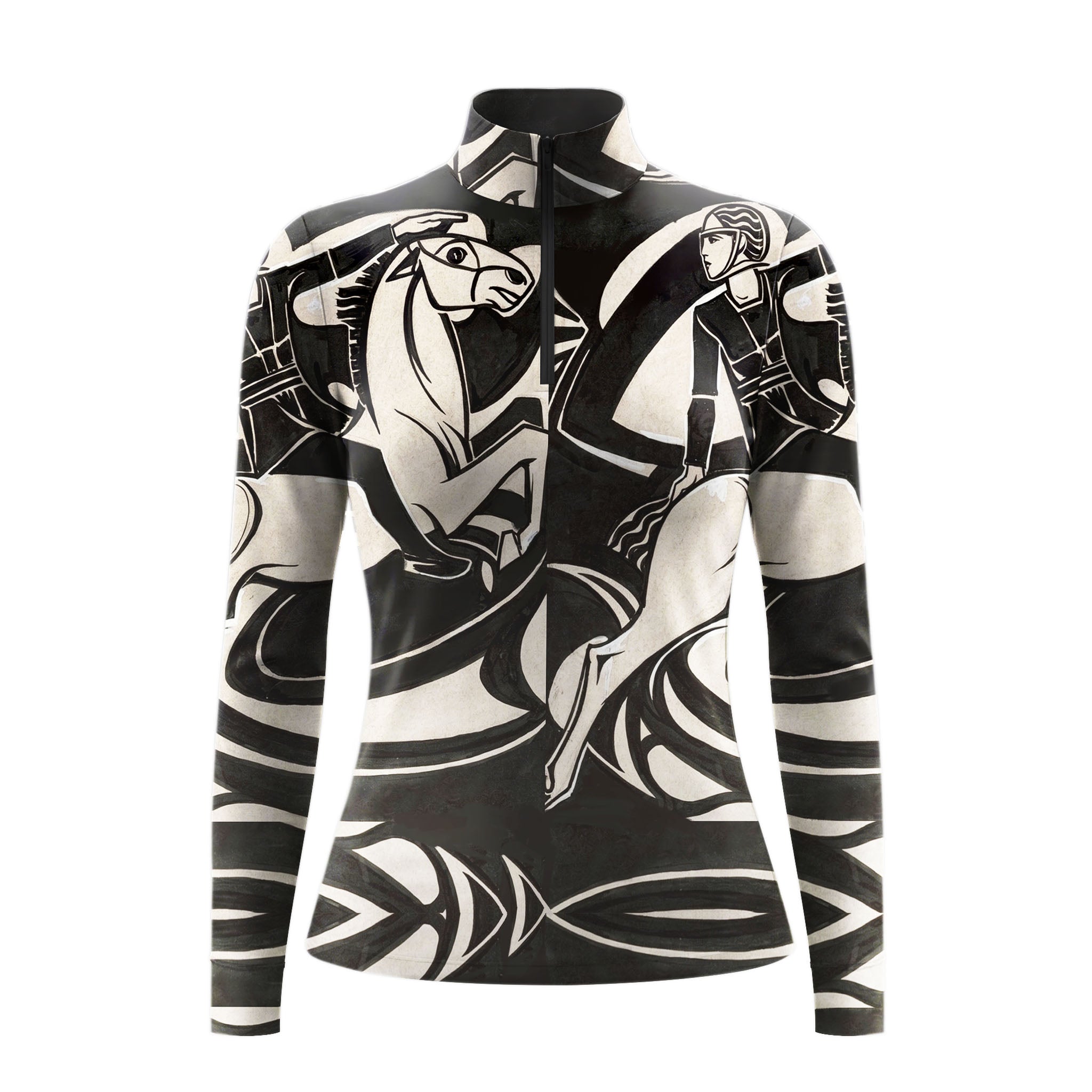 White background studio shot of full all-over black cream cubist art deco equestrian rider horse print long sleeve quarter zip riding top