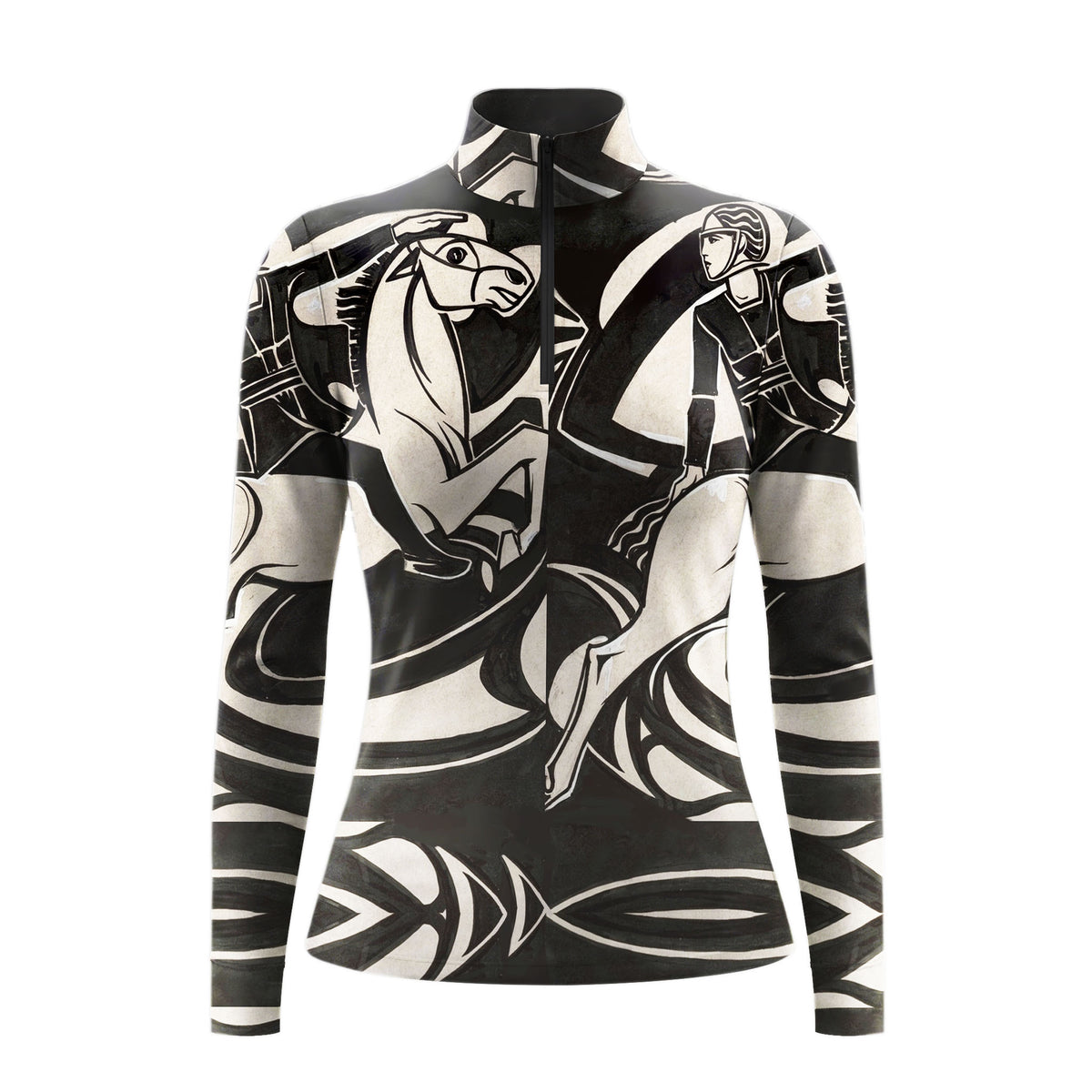 White background studio shot of full all-over black cream cubist art deco equestrian rider horse print long sleeve quarter zip riding top